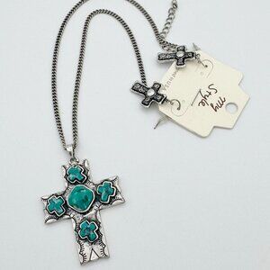 New Western Turquoise Stone Cross Pendant Necklace and Earrings Set Cowgirl
